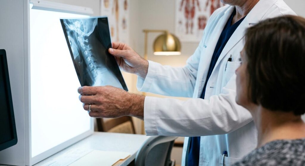 Professional doctor reviewing spinal X-ray with a patient after a highway accident in Knoxville, explaining legal rights and injuries.