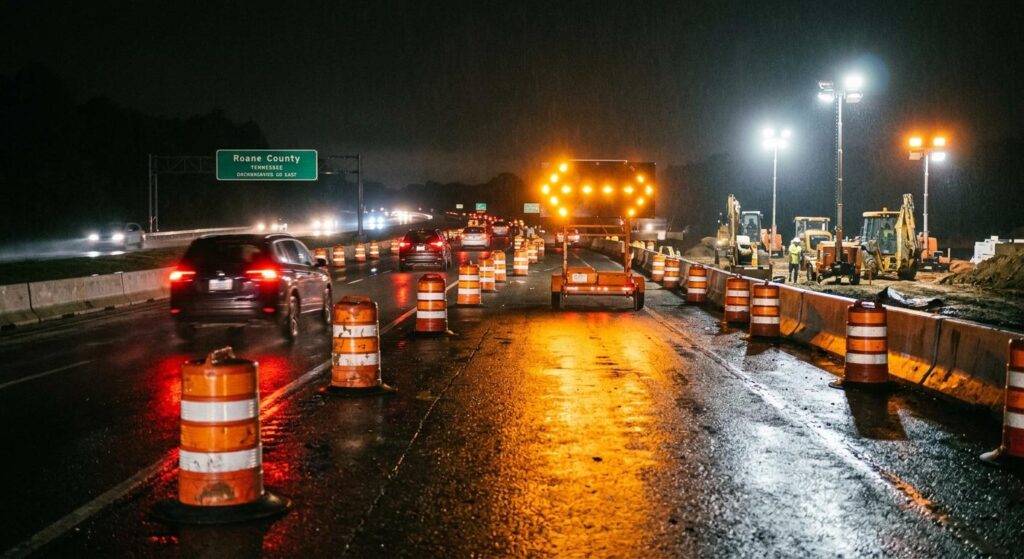 Dangerous Roane County night highway lane shift with glowing orange barrels, highlighting risks of a Knoxville highway accident.