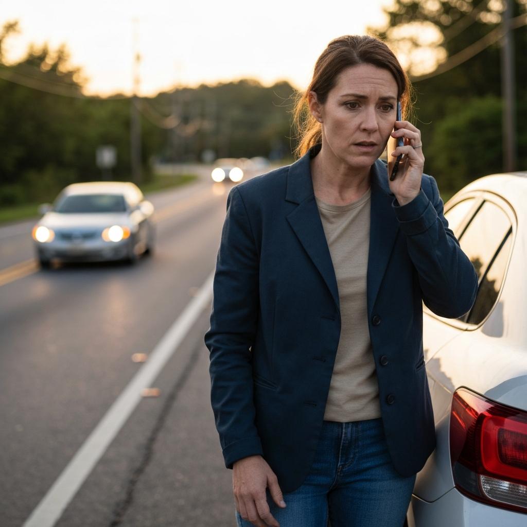 Concerned driver stands by her damaged car on a Knoxville, TN roadside, calling for help after the other car leaves the scene of an accident. What Should You Do if the Other Driver Tries to Leave the Scene of a Knoxville Accident?