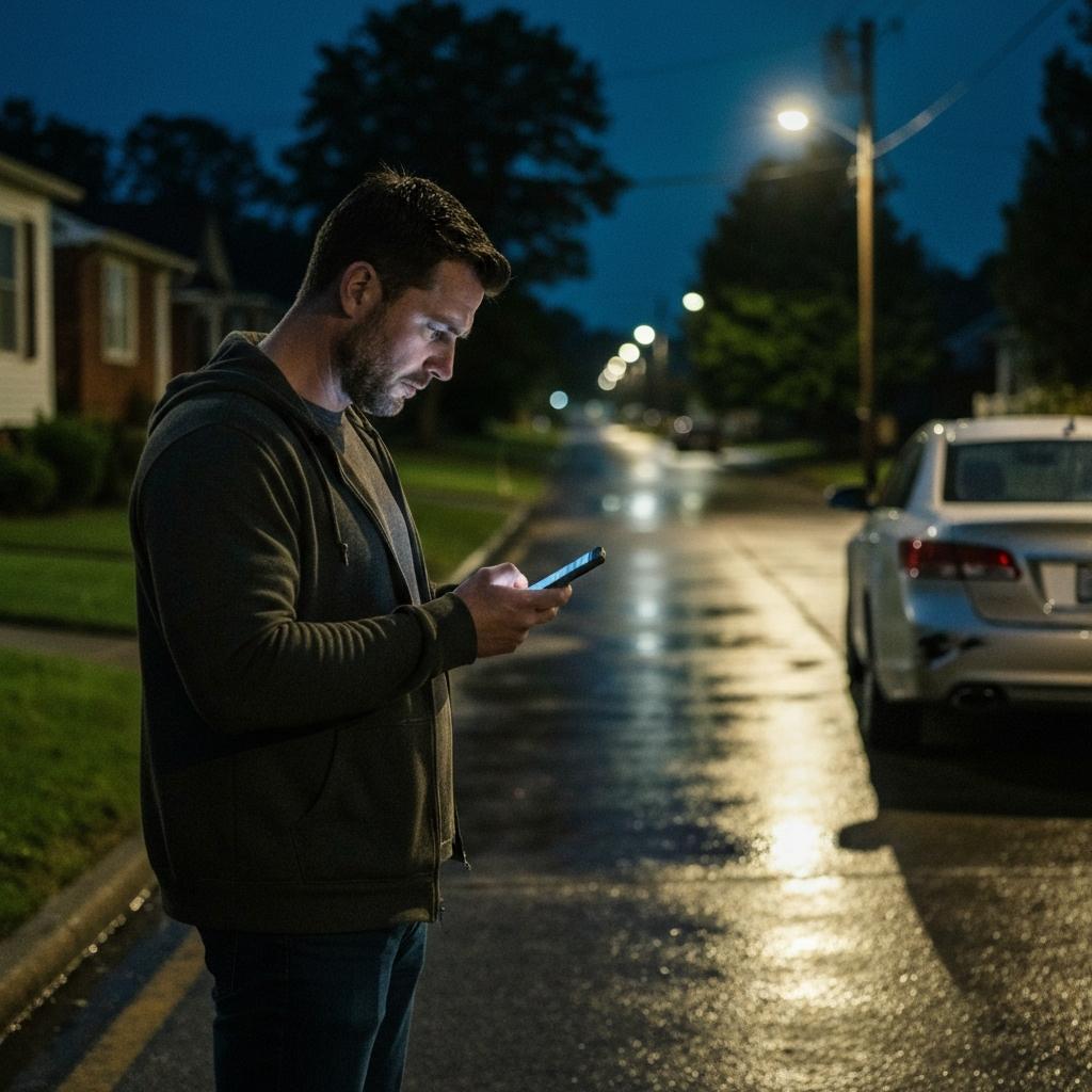 OEB Law - A worried driver standing alone on a quiet Tennessee street at night, contemplating the severe legal penalties for a hit and run on their phone. - What are the Penalties for Hit and Run Drivers in Tennessee?