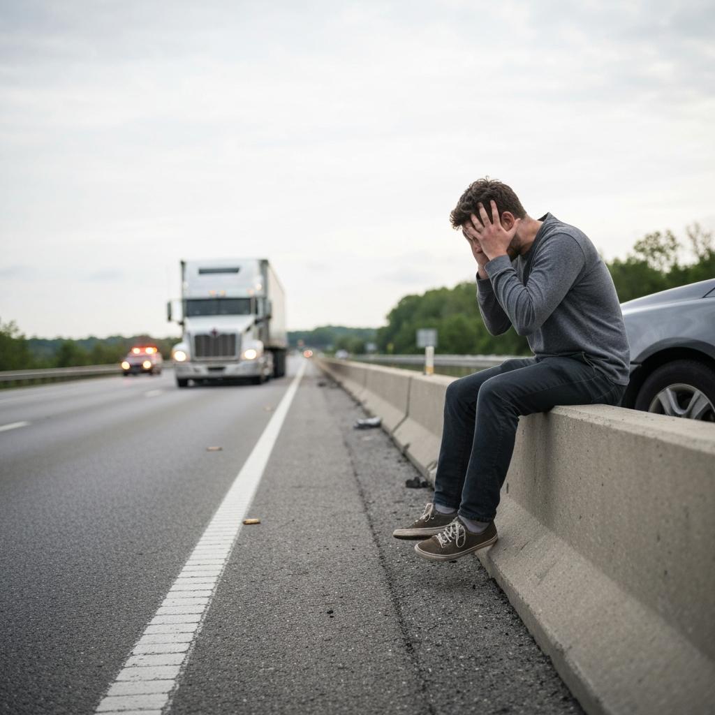 What Should You Do if You Are Hit by a Commercial Truck on Alcoa Highway? Distressed driver sits on a highway barrier after being hit by a commercial truck on Alcoa Highway in Knoxville, showing the emotional aftermath.