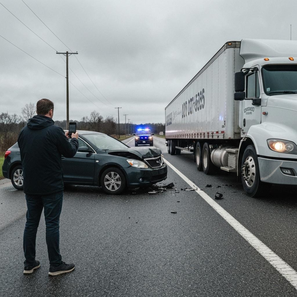 What Should You Do if You Are Hit by a Commercial Truck on Alcoa Highway? Driver safely on the shoulder taking photos of the scene after being hit by a commercial truck on Alcoa Highway in Knoxville, Tennessee.
