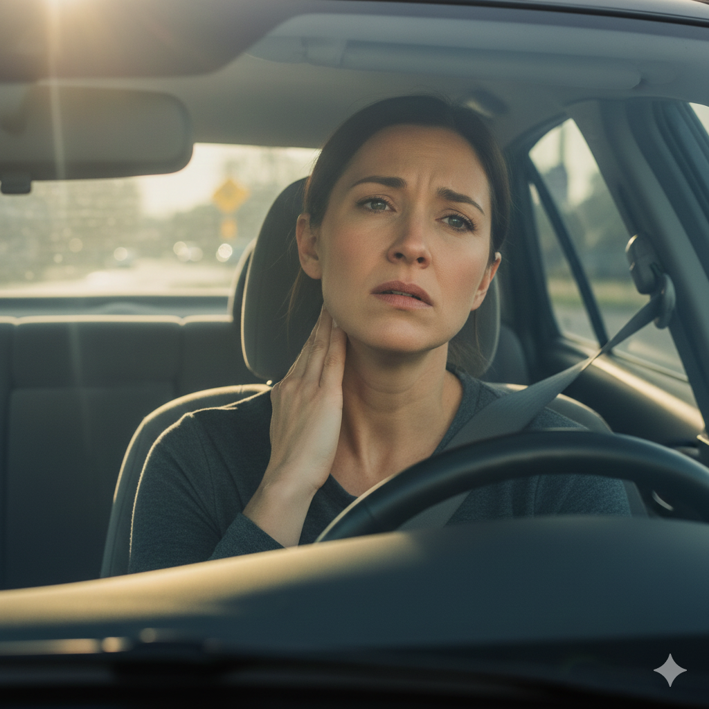 OEB Law: How is Whiplash Diagnosed After a Car Accident?
A Knoxville driver touches her neck in pain after a car accident, illustrating the delayed symptoms of a whiplash injury and the need for a diagnosis.
