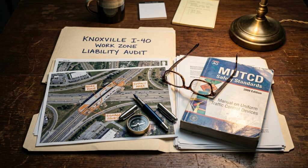 Meticulous legal investigation case file analyzing MUTCD safety standards for I-40 construction zones in Knoxville, Tennessee.