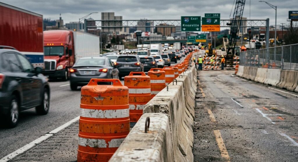 Complex I-40 construction zones in Knoxville changing accident liability rules with concrete barriers and heavy highway traffic.