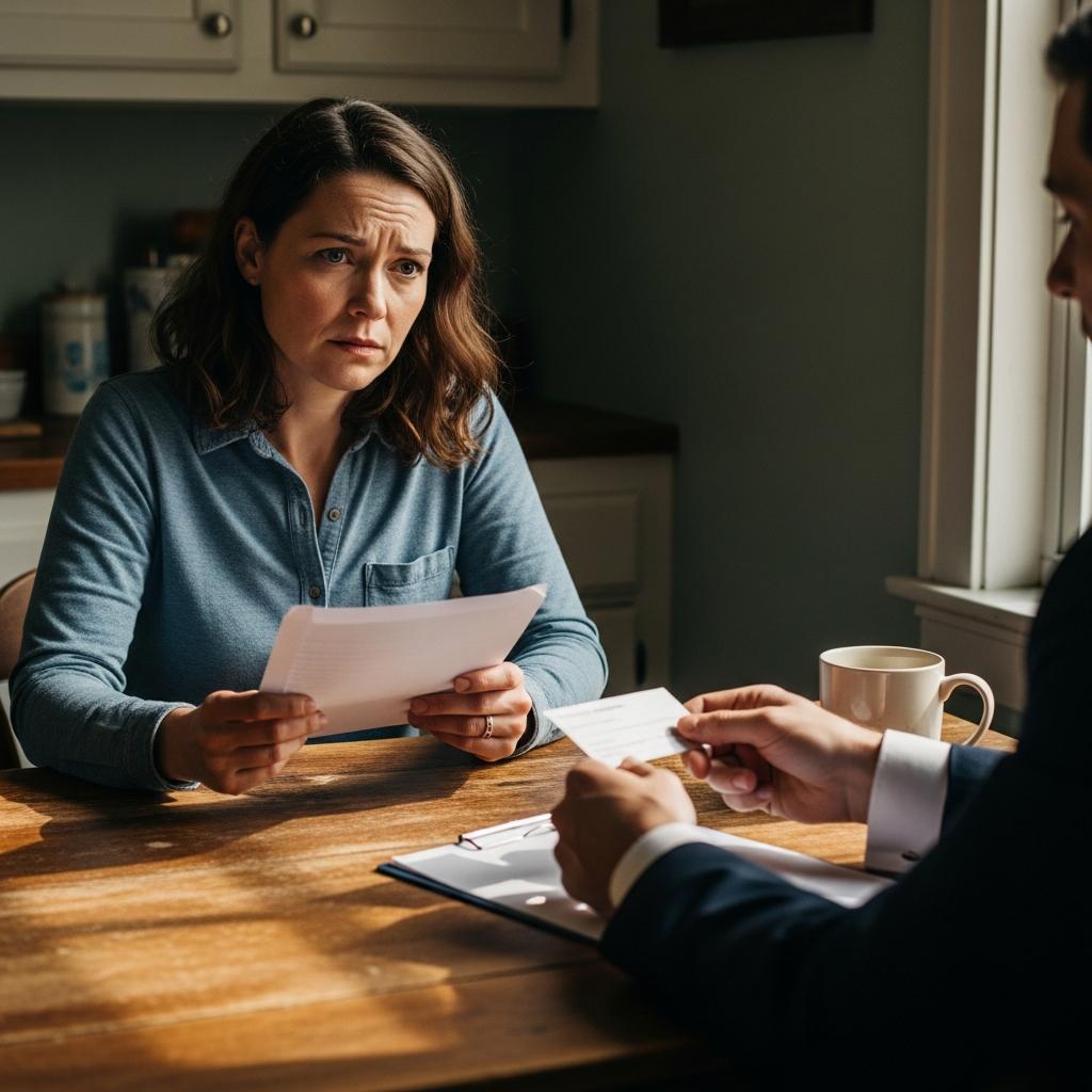 OEB Law:  A concerned woman at her kitchen table reviews documents after an I-40 fatal crash in Knoxville as an attorney's hand offers compassionate help. I-40 Fatal Crash in Knoxville: What Families Should Know