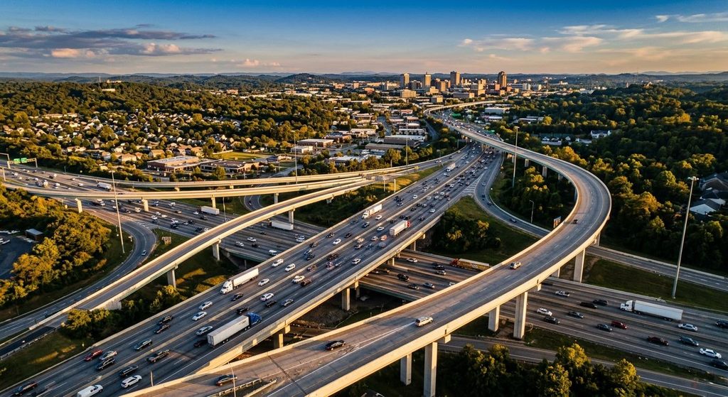 Knoxville Personal Injury Attorneys | OEB Law: Aerial view of the interchange west of downtown Knoxville where Interstate 75 separates from Interstate 40 at golden hour