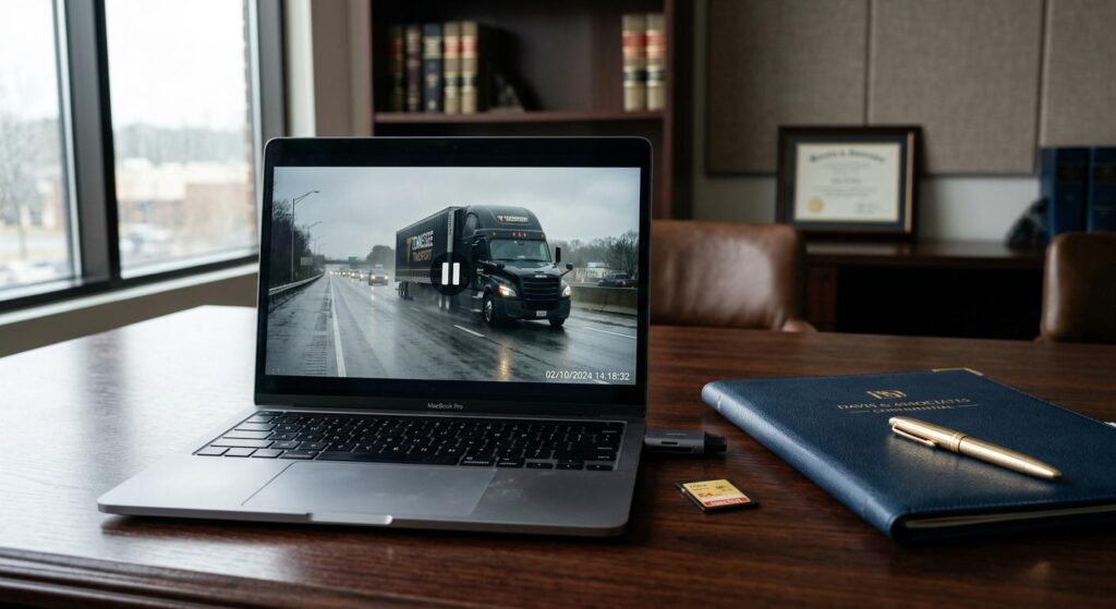 Clear dash cam footage of an I-75 accident playing on a laptop screen alongside legal files on a Knoxville attorney's desk.