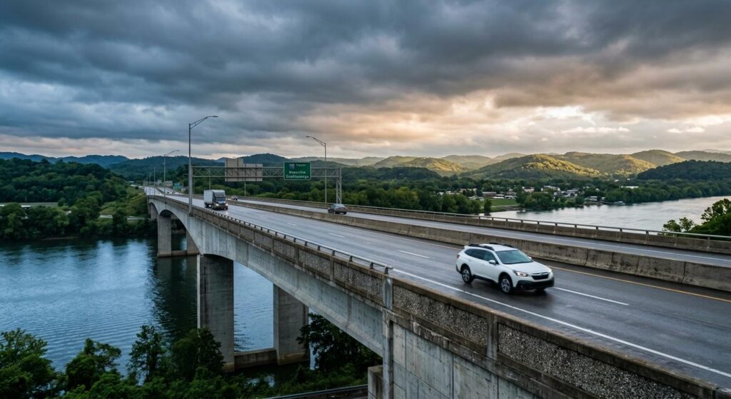Dramatic view of a concrete highway bridge on I-75 over the Tennessee River near Knoxville highlighting highway accident risks.
