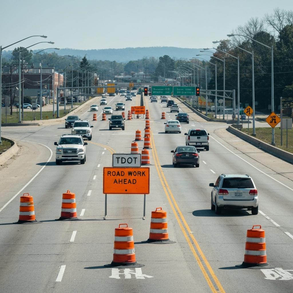 What Are the Steps to Protect Your Legal Rights if Injured on Alcoa Highway in Knoxville? Busy daytime traffic navigates a complex construction zone on Alcoa Highway in Knoxville, highlighting the hazardous conditions where drivers get injured.