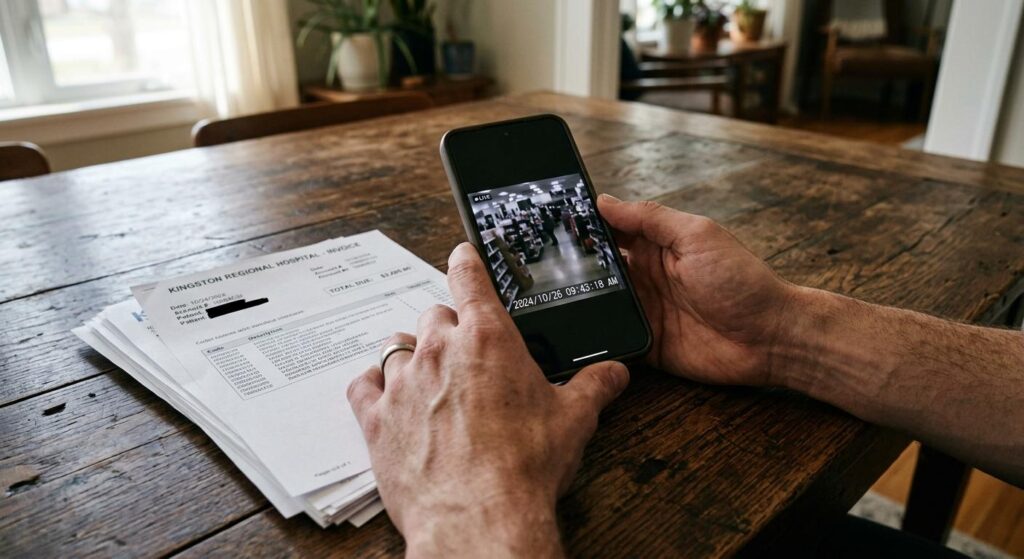 Close-up of an injured shopper's hands organizing medical bills and store video evidence for a premises liability claim in Knoxville, TN.