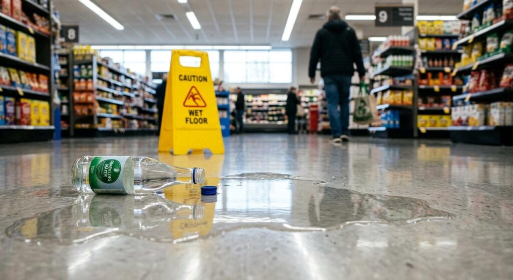 Hazardous spilled liquid on a retail store floor leading to an injured shopper premises liability case in Knoxville, Tennessee.