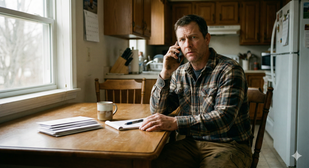 OEB Law: What Are the Steps in Filing a Paper Mill Accident Claim in Tennessee? A determined blue-collar worker in his 40s sits at his kitchen table making a phone call to file a paper mill accident claim in Knoxville, TN.