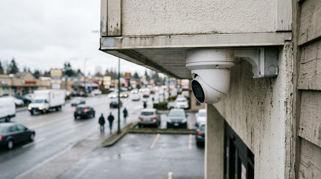 Knoxville Personal Injury Attorneys | OEB Law:  A commercial security camera mounted on a storefront overlooking a busy Kingston Pike commercial road in West Knoxville, Tennessee.