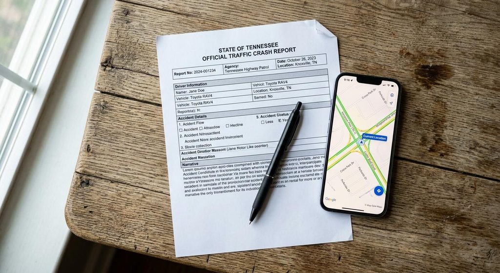 Detailed Tennessee traffic crash report and smartphone map used to investigate a Kingston Pike car accident case in Knoxville, TN.
