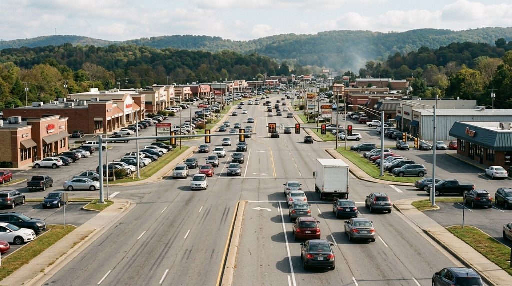 The busy five-lane Kingston Pike commercial retail corridor in West Knoxville, Tennessee, lined with shopping plazas, driveways, and heavy traffic.