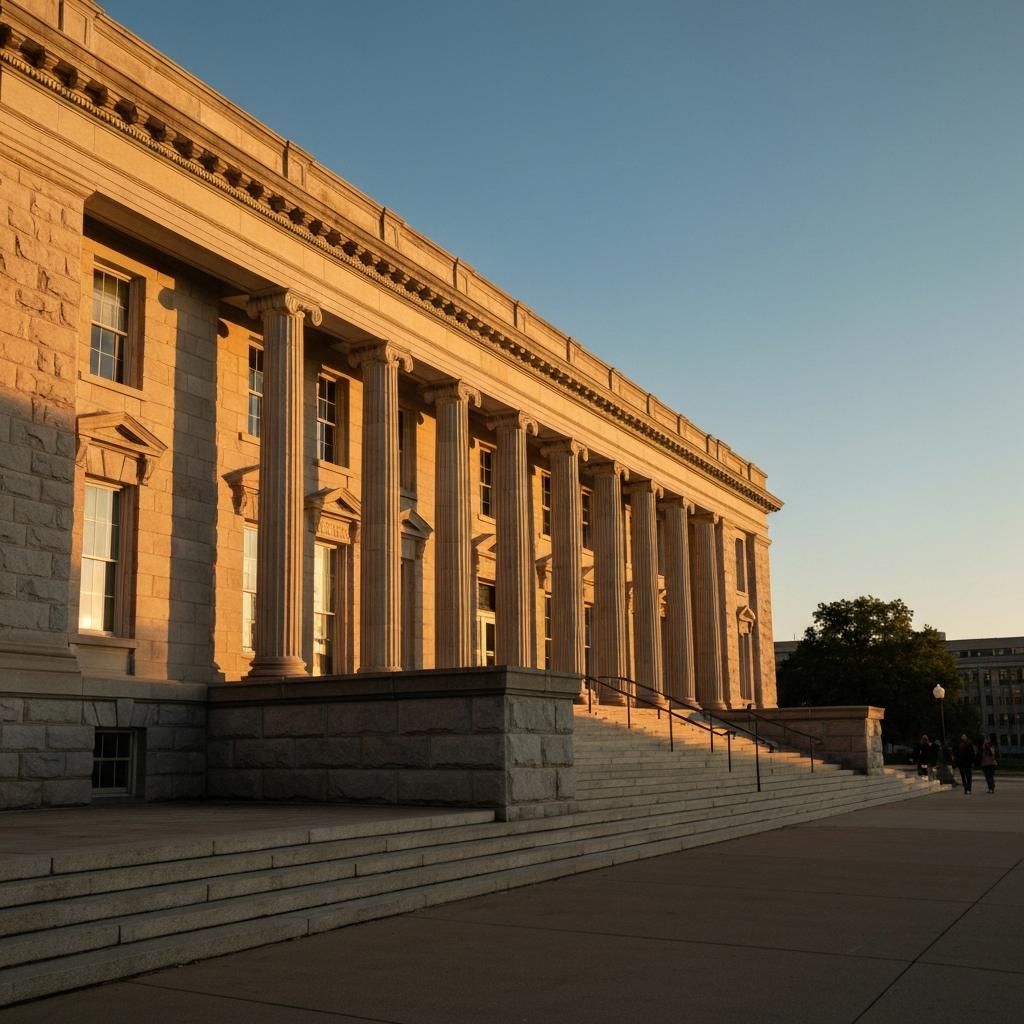 Knox County Truck Accident Lawsuit: State Court Versus Federal Court. The stately Knox County courthouse exterior, where a truck accident lawsuit is filed, viewed at sunrise symbolizing the start of the legal process.