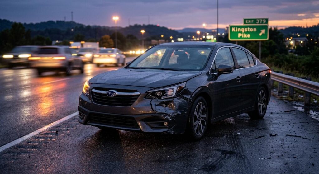 Moody photograph of a damaged dark sedan parked on a wet highway shoulder after a Knoxville car accident on Kingston Pike at dusk.