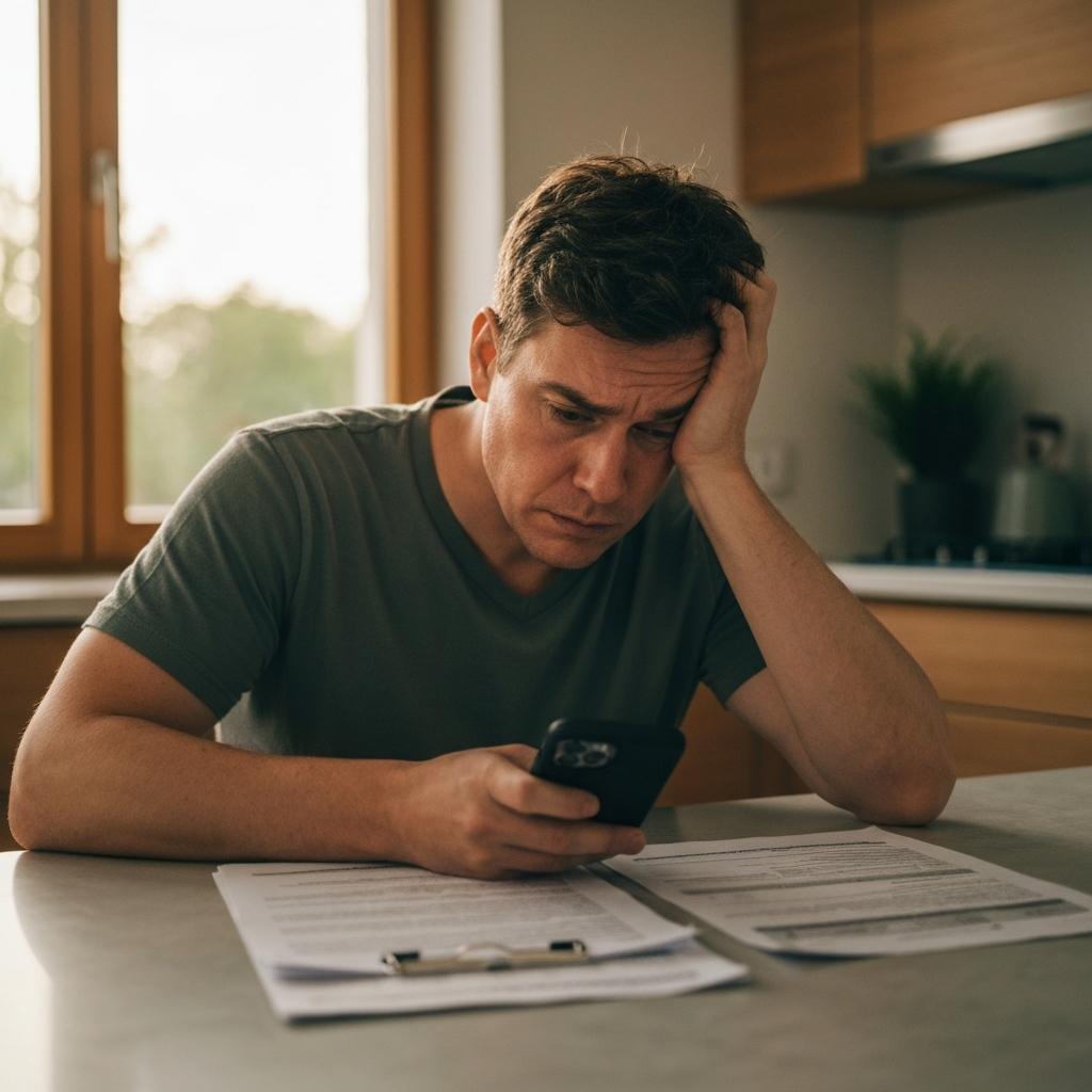 OEB Law - Overwhelmed Knoxville car accident victim sits at a kitchen table looking stressed while trying to handle a complex insurance claim alone at home.