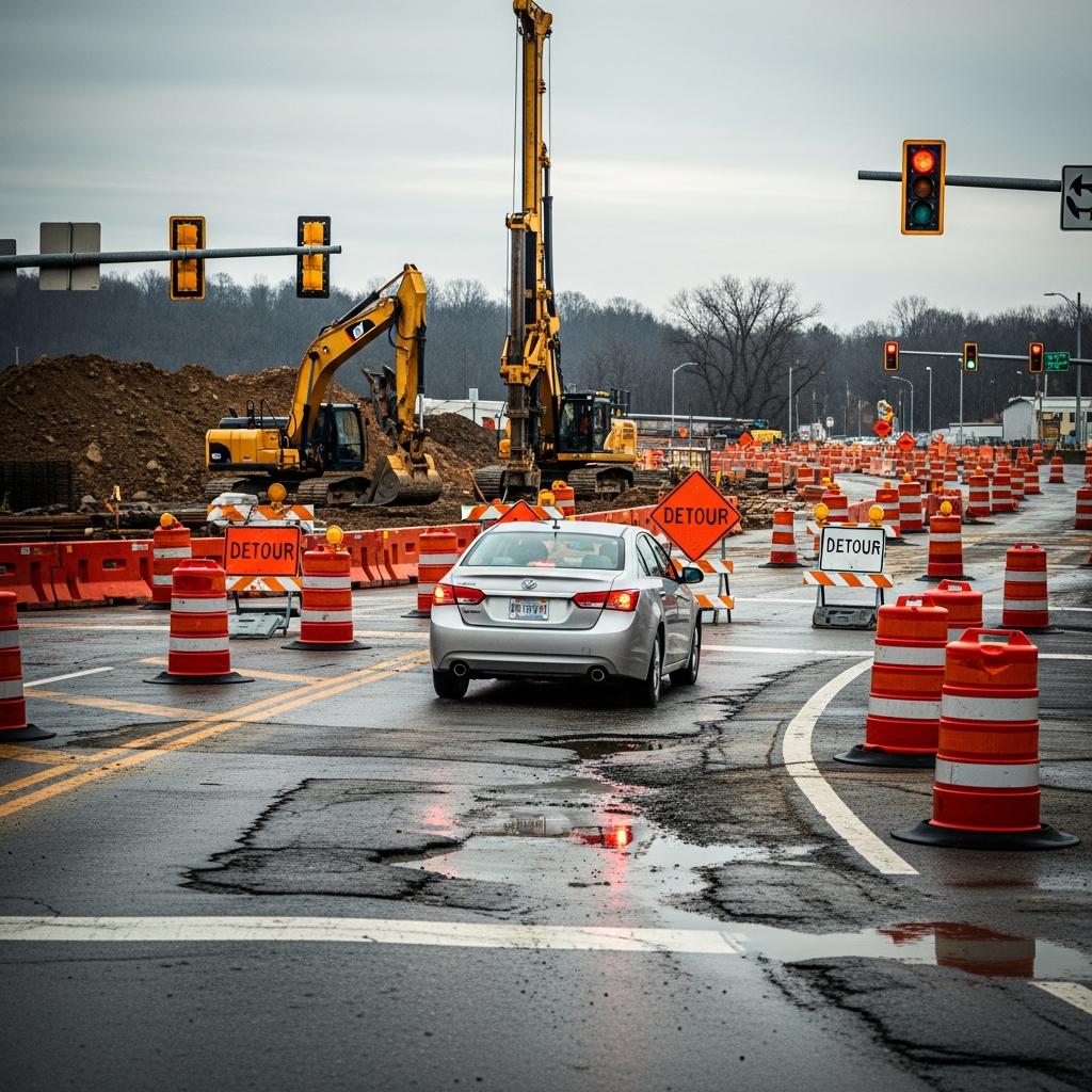 Sevier Avenue Roadway Project and Knoxville Crash Risk in 2026 - A sedan cautiously navigates a confusing lane shift in the Sevier Avenue Roadway Project, illustrating the increased crash risk in Knoxville, TN.