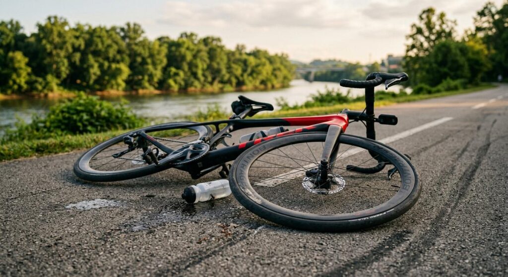 Overturned bicycle on a scenic Knoxville greenway path following a cycling accident, illustrating trail liability and safety.