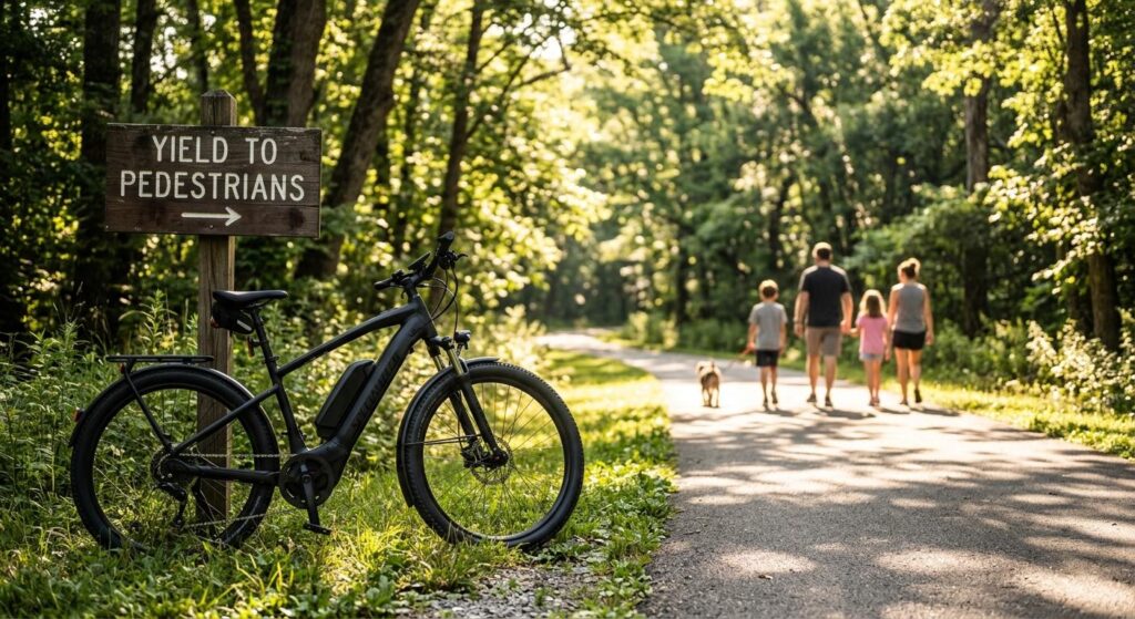 Modern e-bike parked by a yield sign on Third Creek path, illustrating Knoxville greenway cycling accident liability and safety rules.
