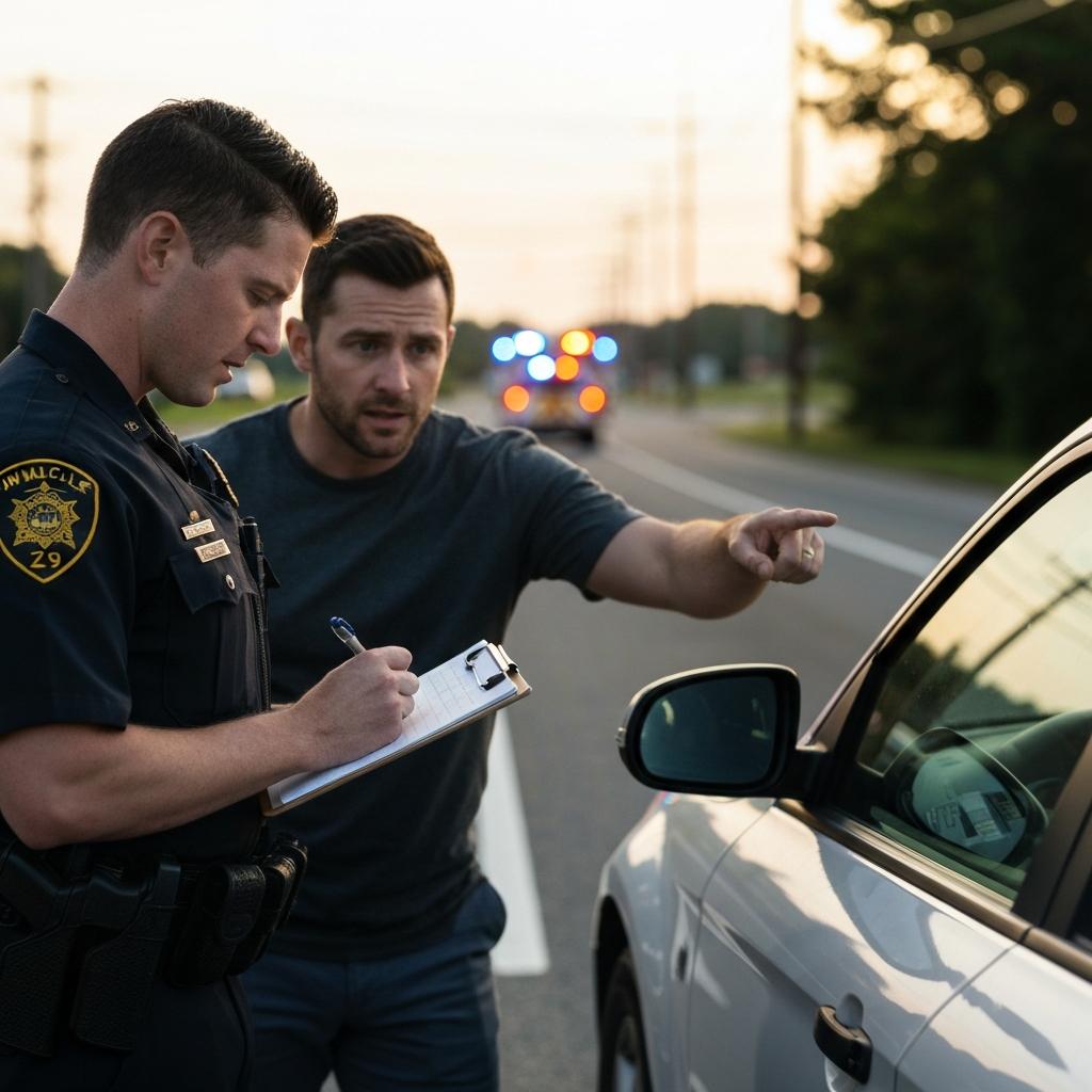Calm Knoxville police officer takes notes from a driver after a hit and run accident, with moderate car damage visible on a Tennessee road. What Should You Do if the Other Driver Tries to Leave the Scene of a Knoxville Accident?
