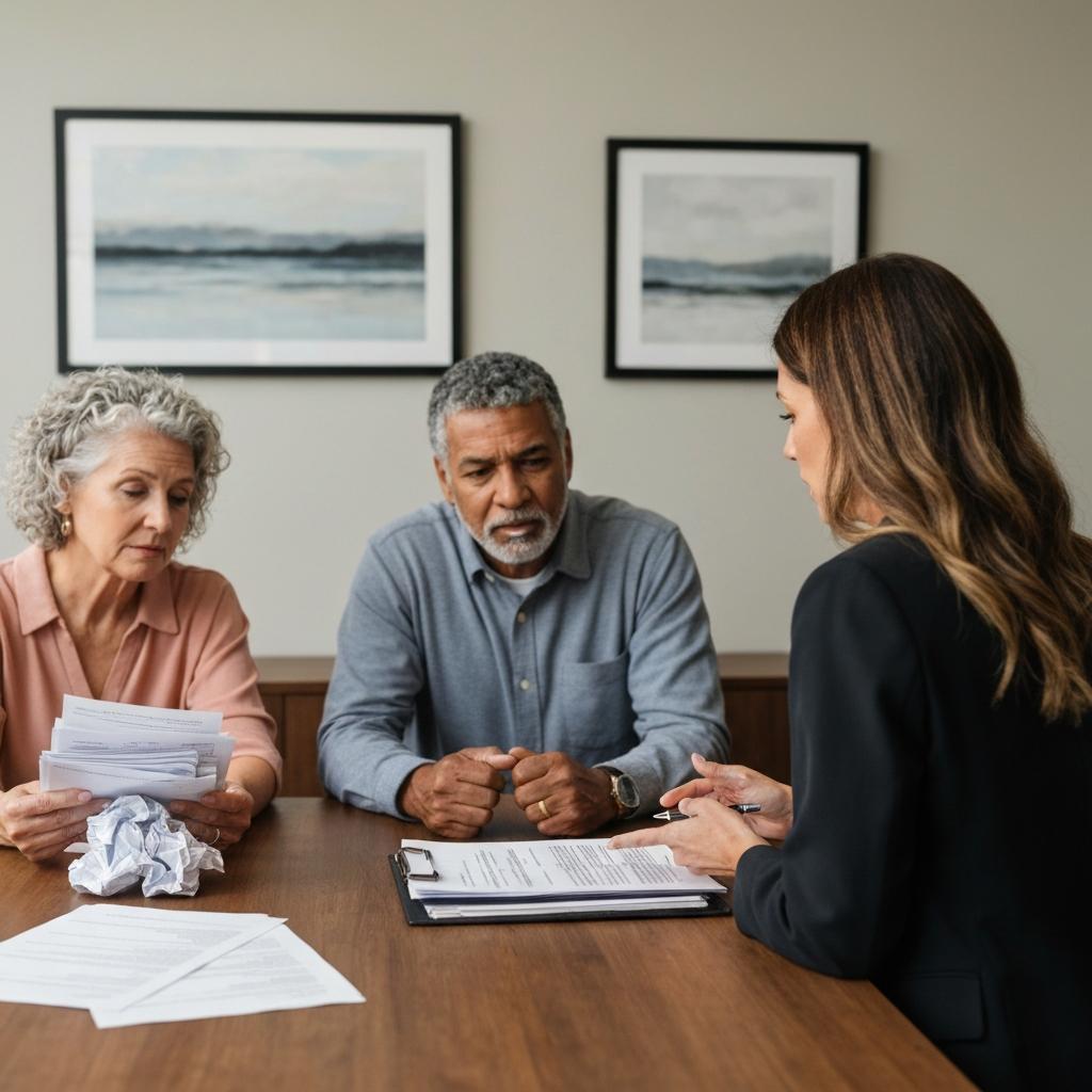 OEB Law: Professional Knoxville personal injury attorney calmly explains a settlement release to a concerned couple overwhelmed by medical bills in a law office.