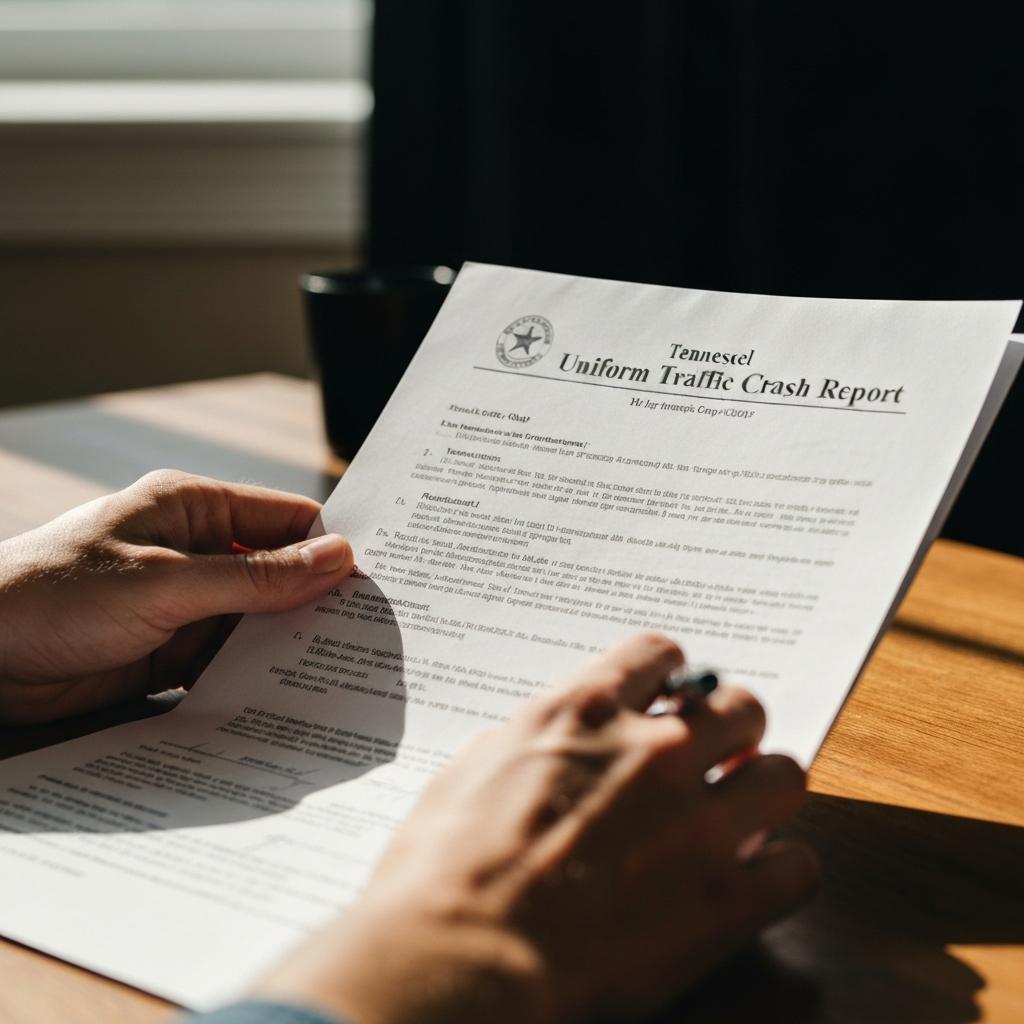 How Can You Get a Copy of Your Accident Report from the Knoxville Police Department or THP? Close-up photorealistic view of a person's hands holding an official Knoxville police accident report, reviewing the details after a car crash in Knoxville, Tennessee.