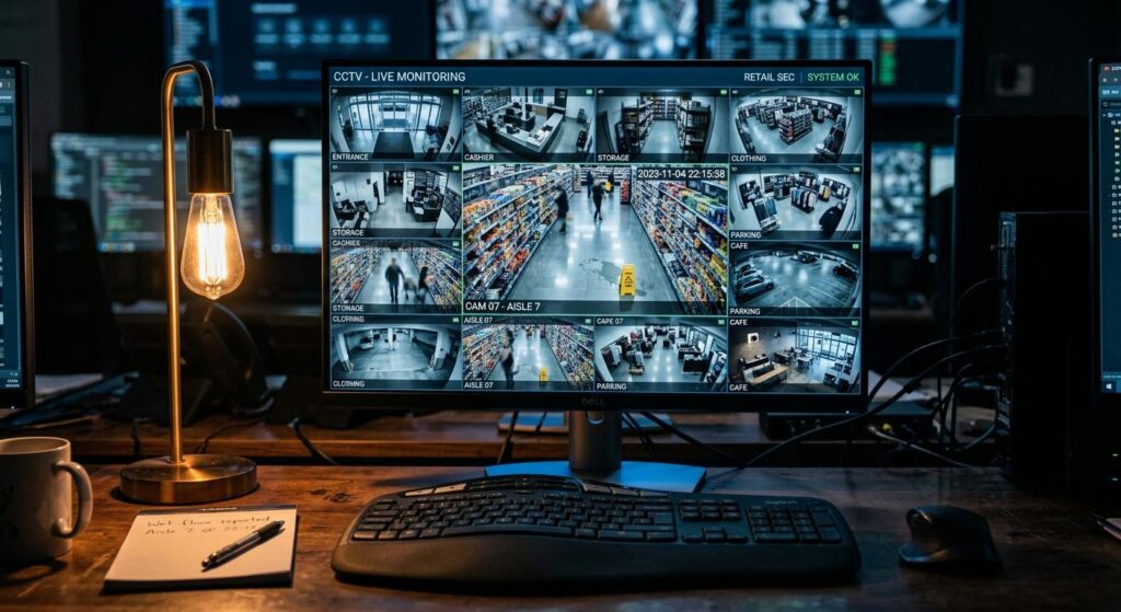 Detailed retail security camera monitor displaying a store aisle grid used as crucial evidence for a premises liability claim in Knoxville.