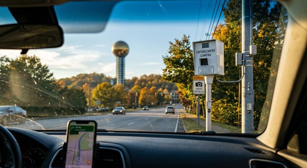 Observant driver's view of Knoxville automated school zone speed cameras mounted on a roadside pole near the Sunsphere in Knoxville.