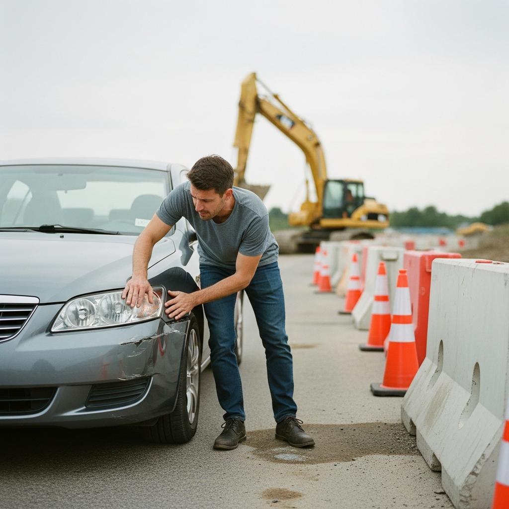 Liberty Street Construction and Driver Injury Claims in Knoxville - Concerned driver inspecting minor car damage after a fender bender amidst the hazardous Liberty Street construction zone in Knoxville, TN.