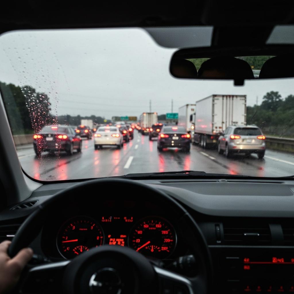 Why Is Malfunction Junction in Tennessee So Dangerous? Driver's view of dangerous, congested traffic and red brake lights on the rain-slicked Malfunction Junction in Tennessee during rush hour in Knoxville.