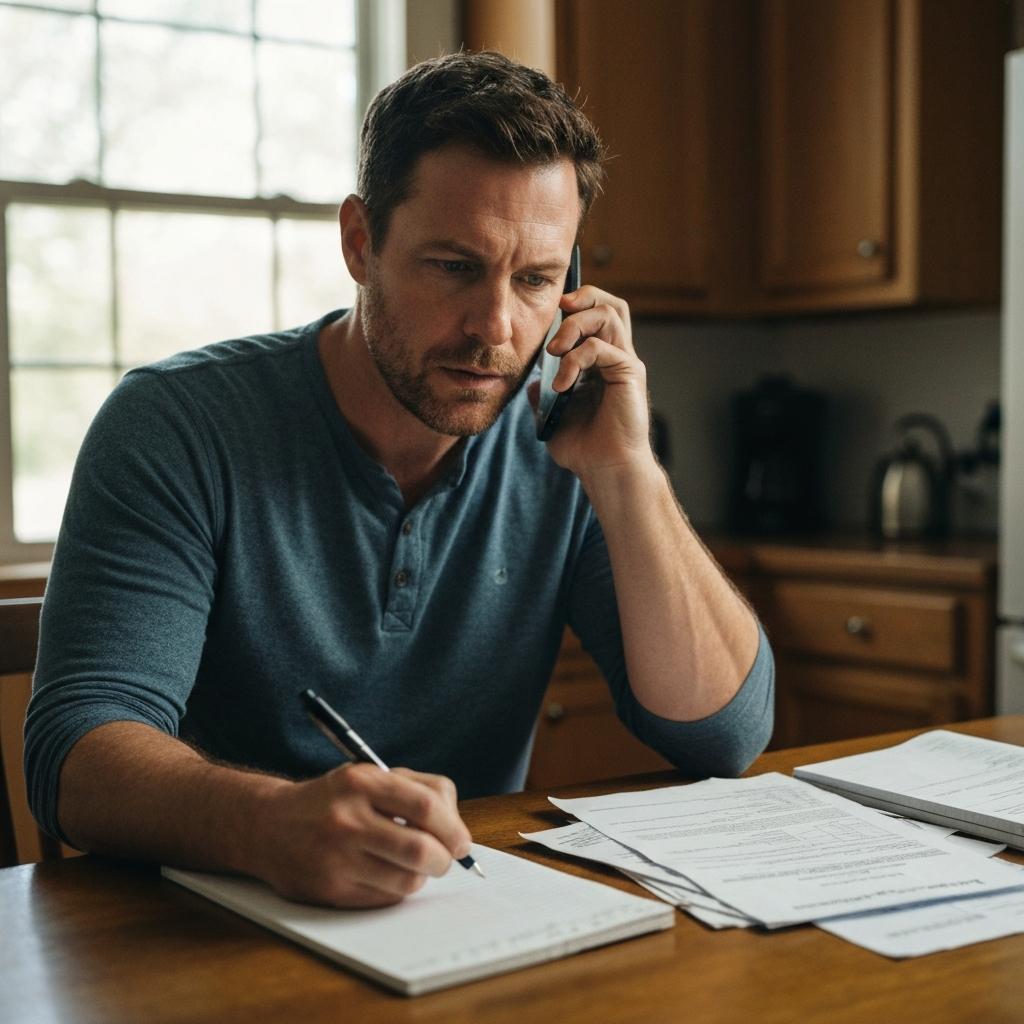 OEB Law: Are There Specific Questions You Should Ask the Adjuster About Your Claim?
Focused man in his 40s at his kitchen table in Knoxville, Tennessee, asking an insurance adjuster important questions about his car accident claim.