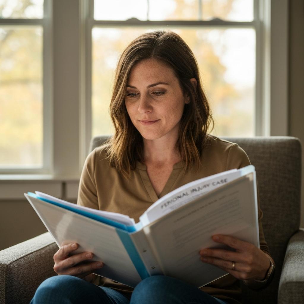 Hopeful East Tennessee woman reviewing her medical records, used as evidence for a personal injury case, in a sunlit living room in Knoxville.
