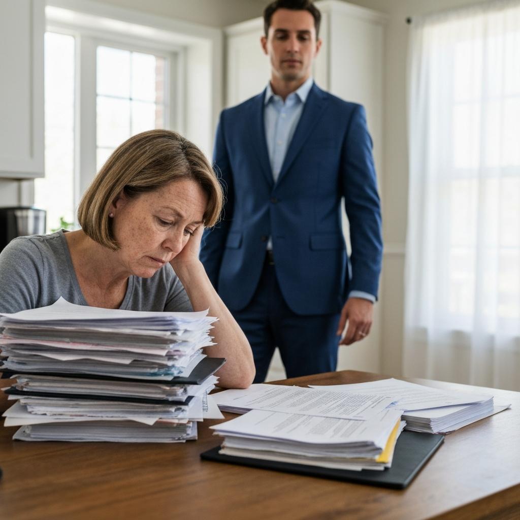 Overwhelmed woman at her kitchen table with medical records receives compassionate legal support from a Knoxville personal injury attorney.