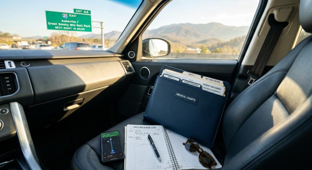 Organized medical records and a mileage logbook on a car seat for an out-of-state specialist trip after a Knoxville car accident.