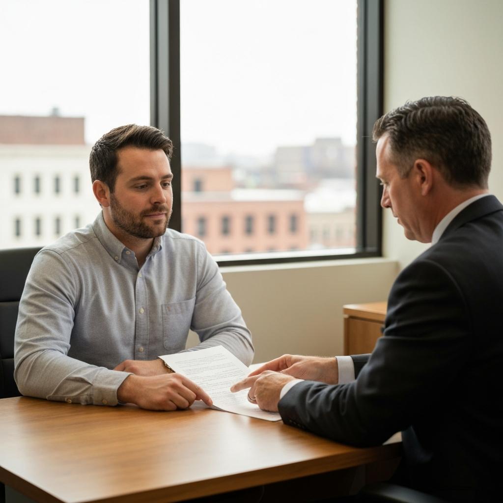 OEB Law  - How Long Does Misdemeanor Expungement Take in Knox County?  A relieved client discusses the misdemeanor expungement process with his OEB Law attorney in a modern, sunlit Knoxville, Tennessee office.