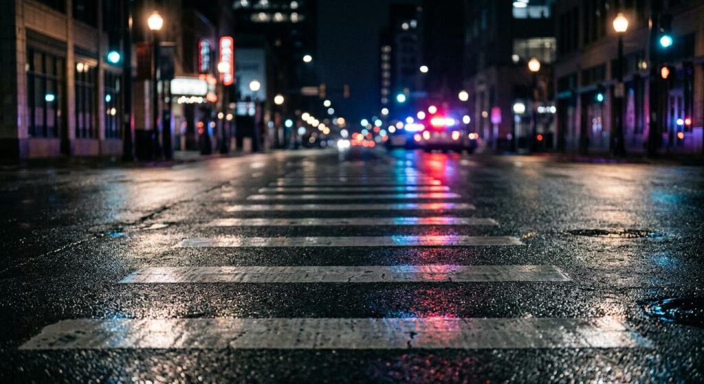 Knoxville Personal Injury Attorneys | OEB Law. Cinematic night view of a downtown crosswalk with distant emergency lights representing a fatal car accident wrongful death in Tennessee.