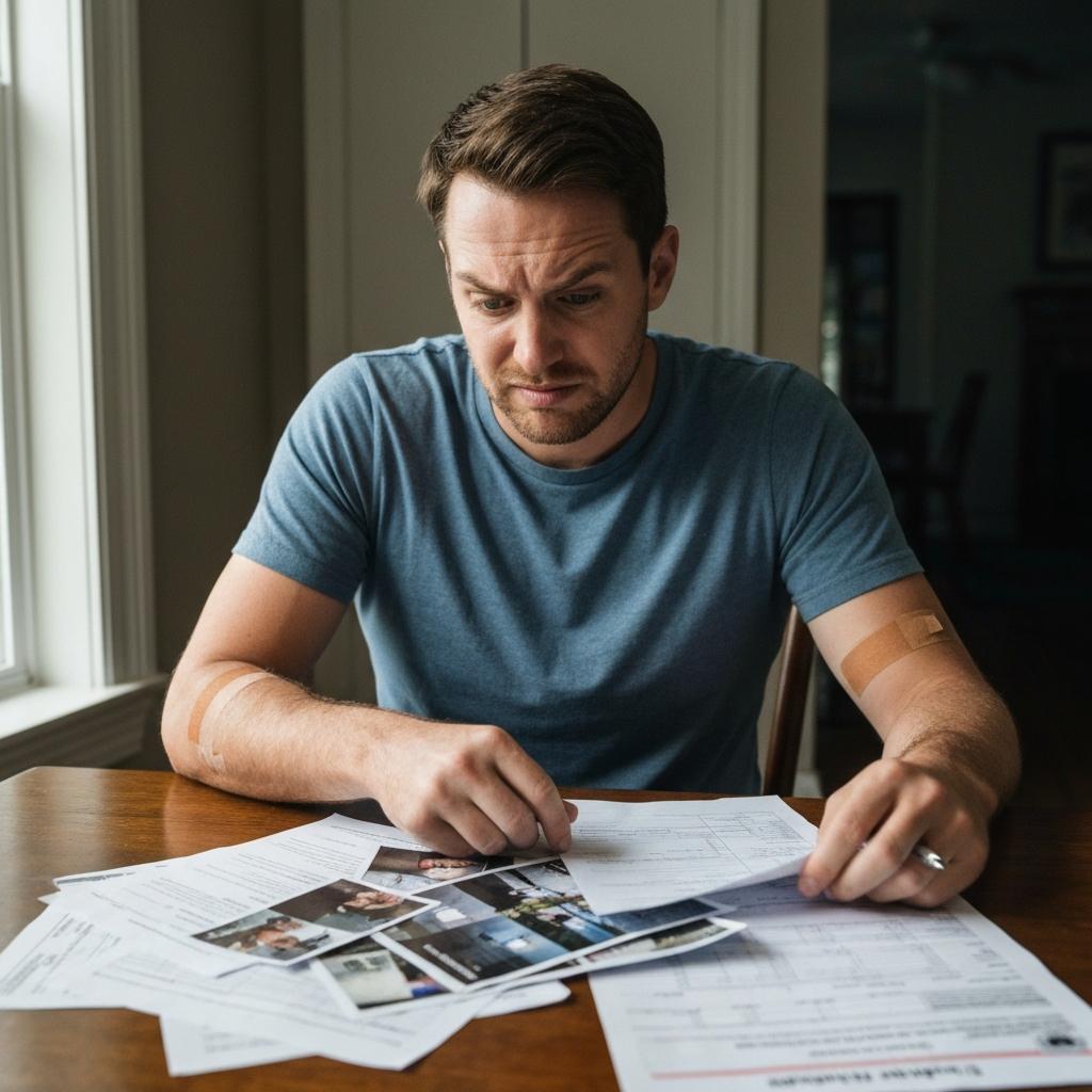 How Do You Negotiate with Insurance Companies for a Fair Settlement?  Overwhelmed man with an arm injury sits at his dining table surrounded by medical bills, trying to negotiate a fair insurance settlement in Knoxville.