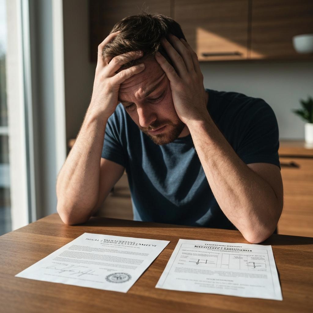What if You Discovered New Injuries After Your Tennessee Insurance Settlement - Anxious man at his kitchen table reviewing a new medical diagnosis, worried about new injuries discovered after his Tennessee insurance settlement.