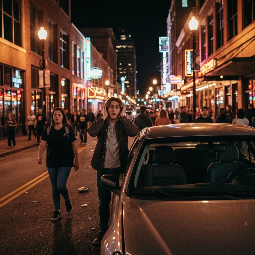 Overwhelmed student stands by damaged car after a nighttime car accident on the chaotic, neon-lit Cumberland Avenue Strip in Knoxville, Tennessee.