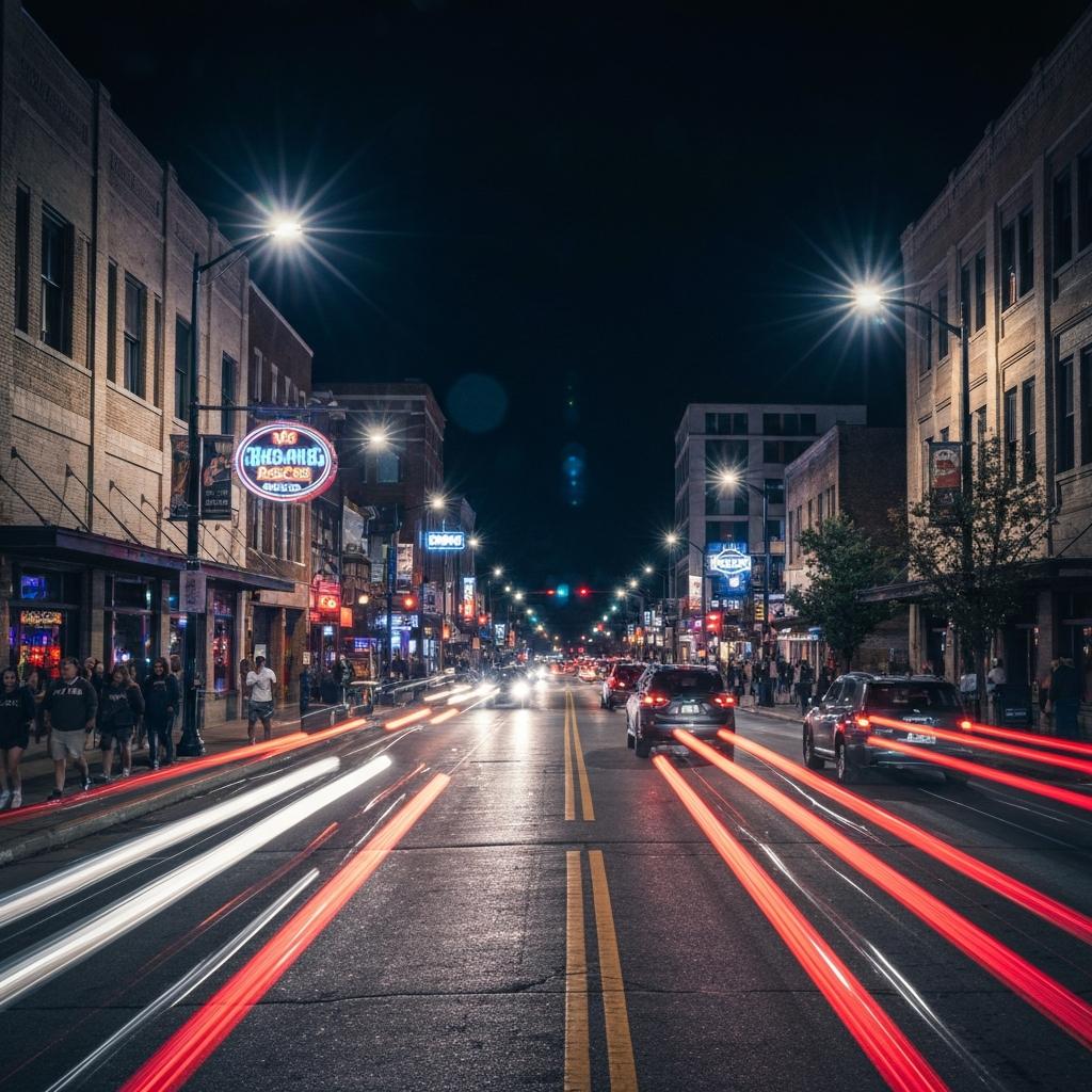 Chaotic nighttime street scene on The Strip in Knoxville, TN, with car light trails and pedestrian traffic indicating high car accident risk.