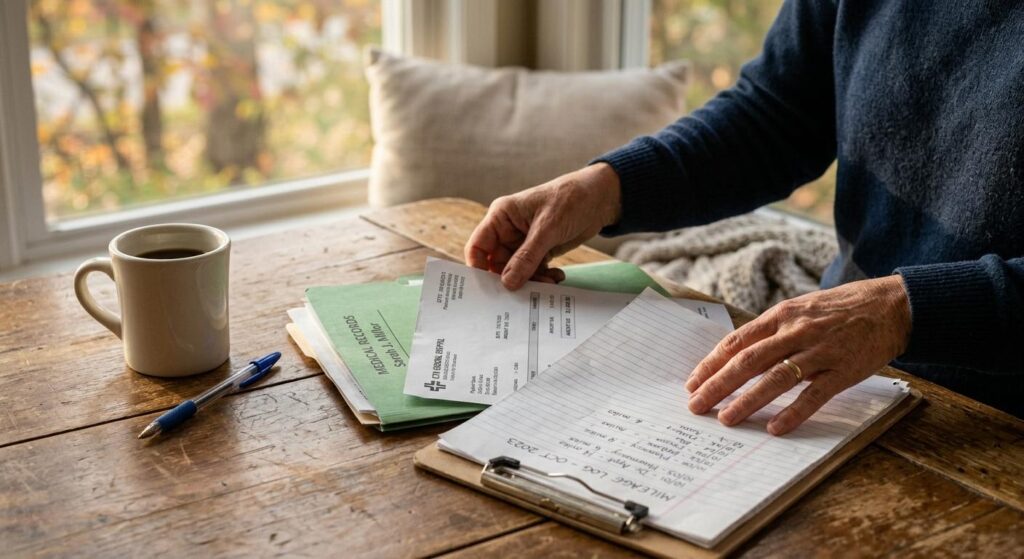 Detailed out-of-state medical records and hospital bills being organized by an injury victim for a car accident claim in Knoxville, TN.