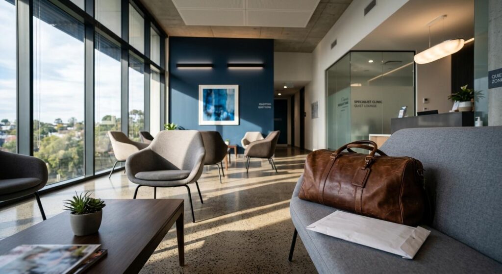 Premium medical waiting room featuring a travel bag and referral documents to recover out of state specialist travel costs in Knoxville.