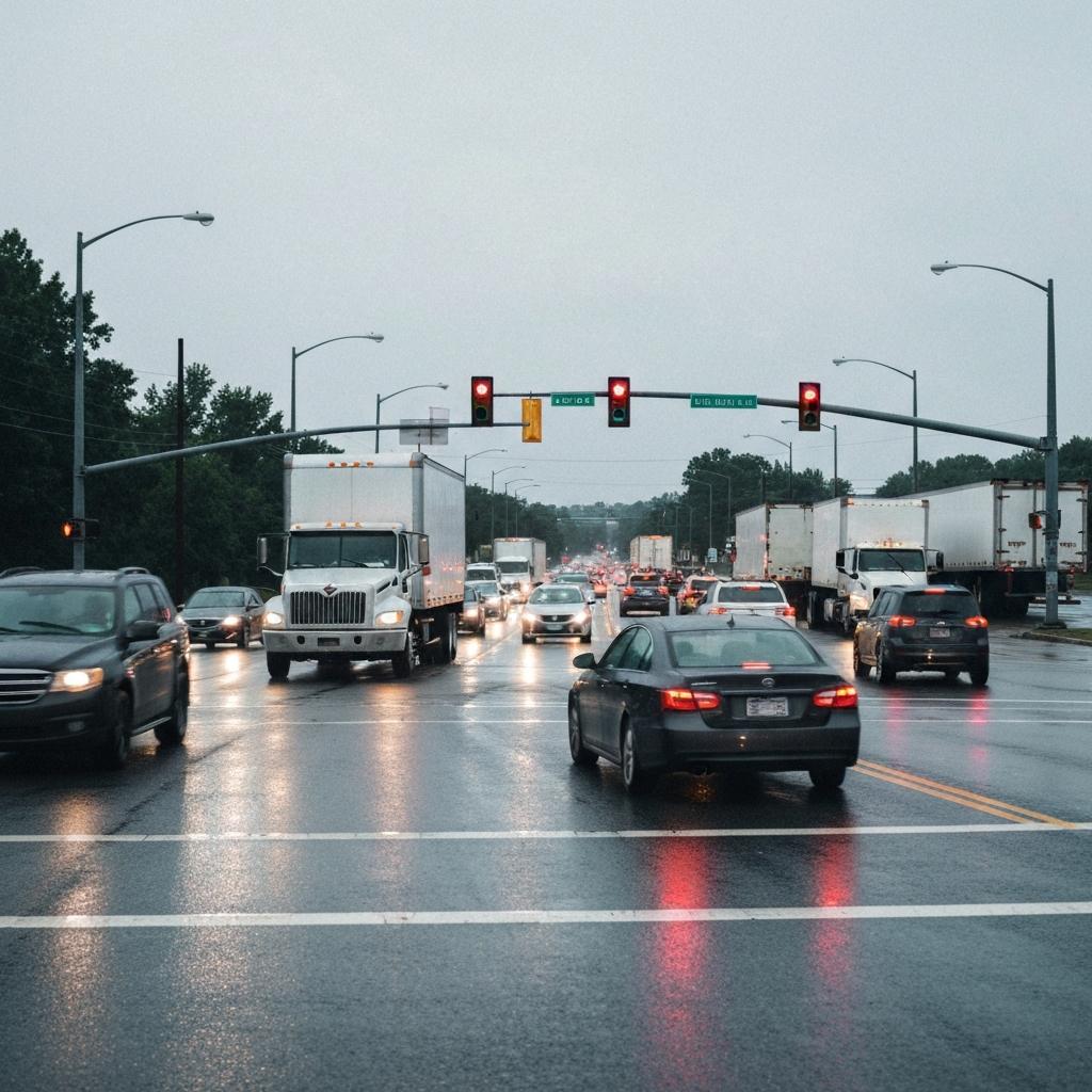 Papermill Drive Accident Hotspots: Avoiding Collisions in Knoxville, Dangerous, congested traffic at a Papermill Drive accident hotspot navigating a wet intersection on an overcast day in Knoxville, TN.