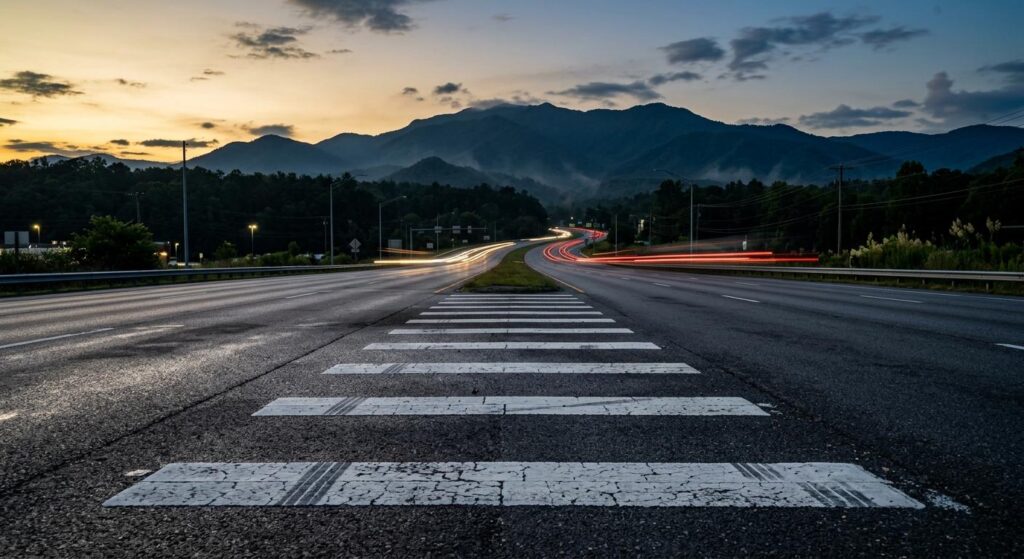 Dramatic empty highway crosswalk highlighting pedestrian vulnerability after a serious car accident in Maryville and Knoxville Tennessee.