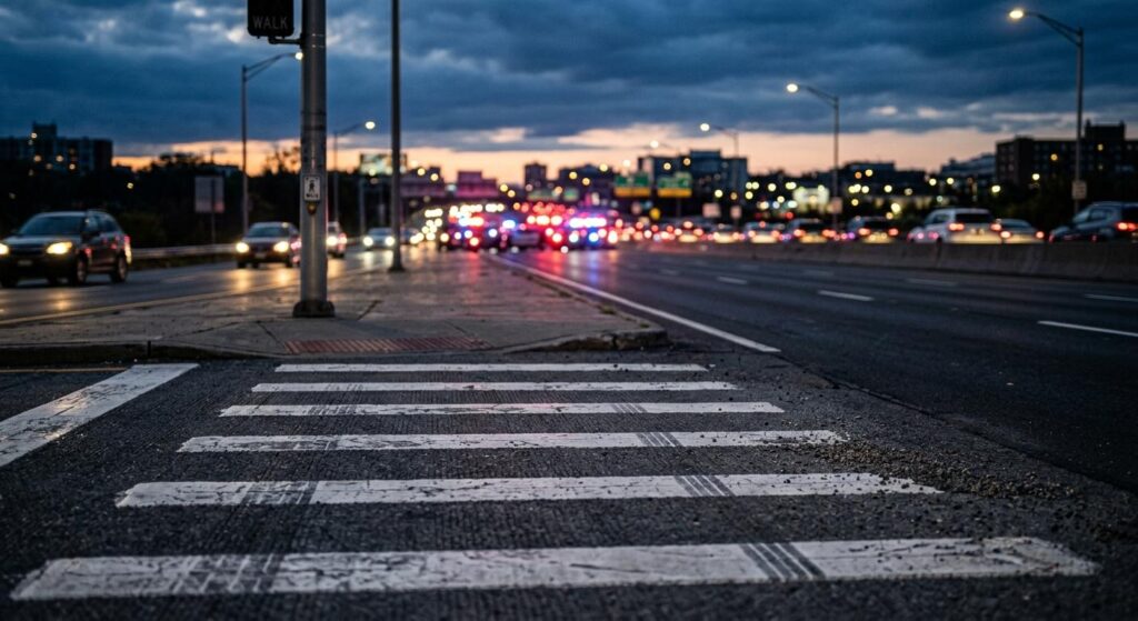 Serious pedestrian car accident investigation scene showing blurred emergency lights near a crosswalk in Maryville and Knoxville TN.