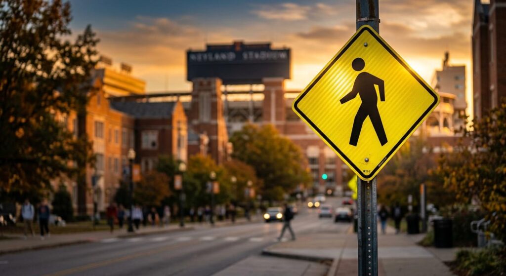 Illuminated yellow pedestrian crosswalk sign warning drivers of heavy foot traffic near the UT campus crosswalks in Knoxville.