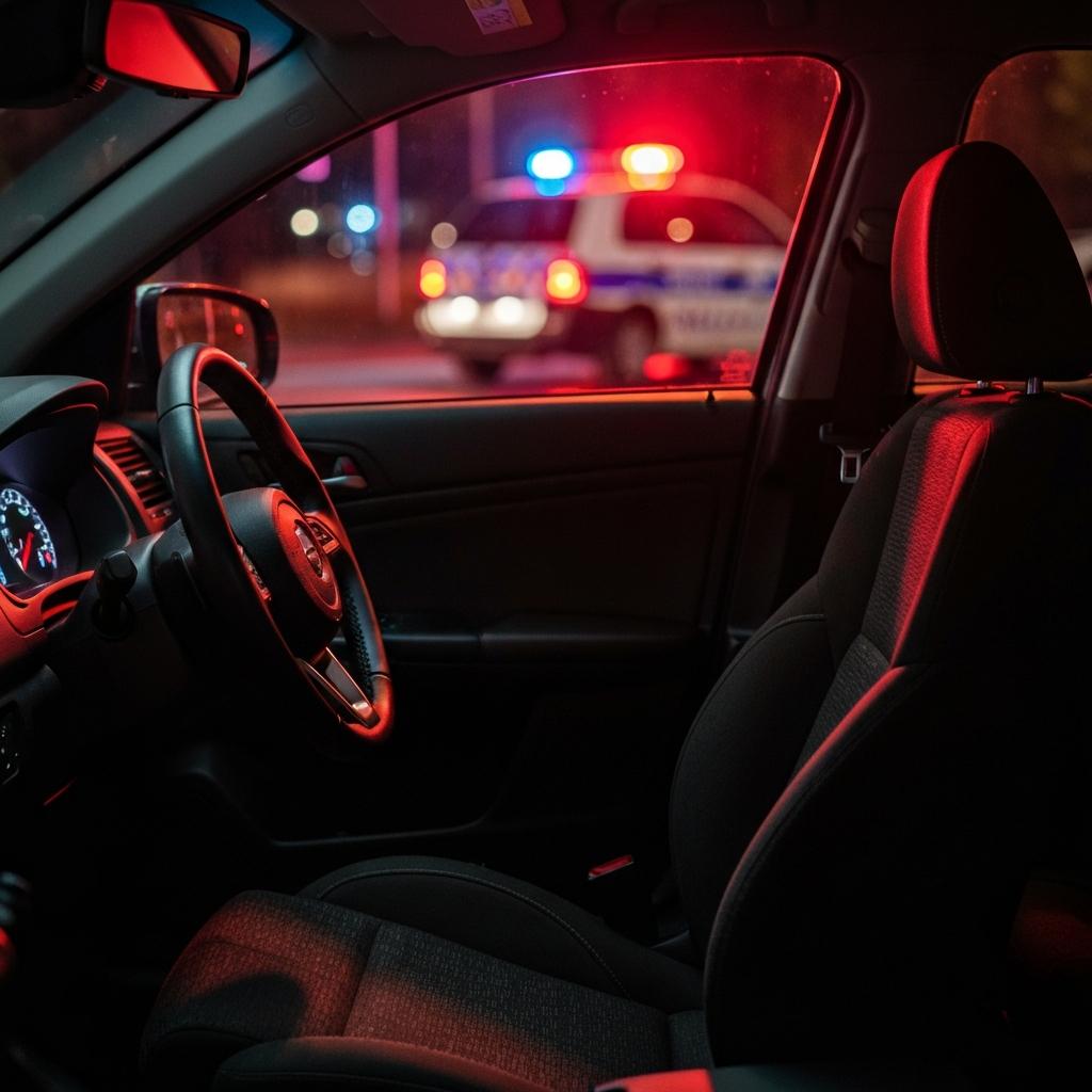 OEB Law - Empty driver's seat in a car at night with blurred police lights in the background, representing the legal penalties for hit and run drivers in Tennessee. What are the Penalties for Hit and Run Drivers in Tennessee?